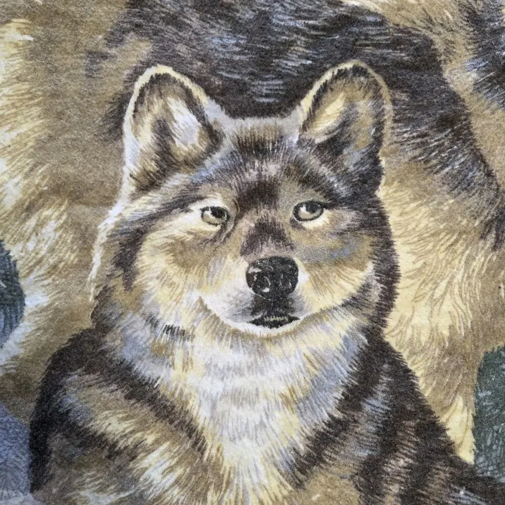Vintage 1980s Blanket Owen Wolf Wolves Winter Woods Nylon Polyester USA Made
